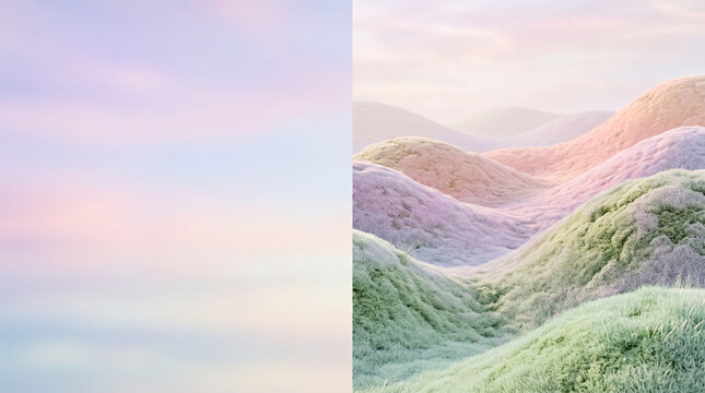 Abstract surreal landscape with split screen showcasing soft pastel gradient sky and colorful rolling mossy hills for dreamlike aesthetic wallpaper backdrop