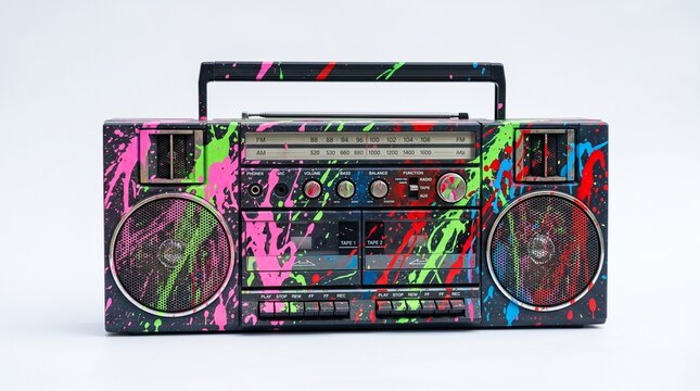 A colorful boombox with bright pink-green-red-blue paint splatter on a classic retro style. On a white background with no logos