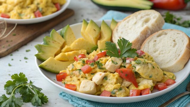 Festive Jamaican ackee and saltfish breakfast served with avocado and bread