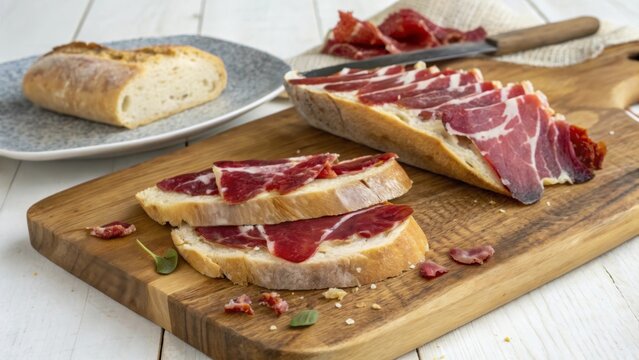 Savory jam n ib rico slices on a rustic wooden board with bread on a side plate
