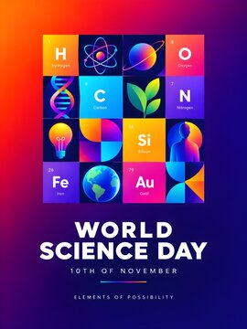 World science day poster featuring colorful periodic table style grid of scientific symbols, chemistry elements