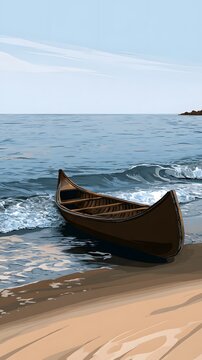Wooden canoe resting on sandy beach with ocean waves washing shore