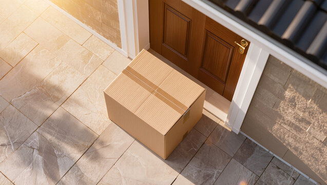From a high angle a taped parcel leans against a wooden door on pale stone tiles, a hard diagonal shadow cutting across the paving.