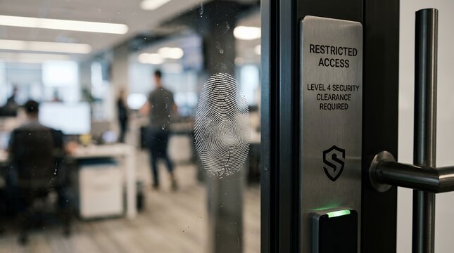 Biometric fingerprint scanner on a glass office door with restricted access signage in a modern workplace