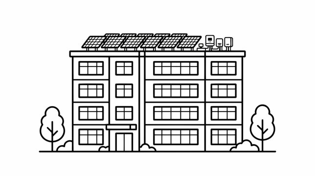 A simple black and white line art illustration of a modern residential apartment building featuring solar panels installed on the flat roof top area