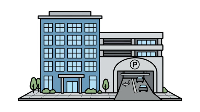 A colorful flat vector illustration of a modern office building with an attached multi level parking garage and cars entering the facility entrance