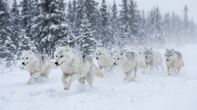 Pack of arctic wolves running through deep snow in a winter forest landscape