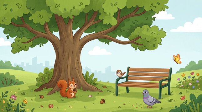 Cute Animals in Sunny City Park Children's Illustration