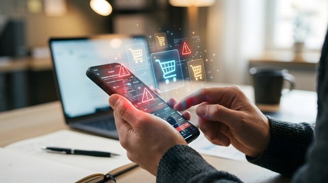 Hands holding smartphone displaying shopping cart icons and data analysis on screen