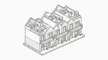 Obraz premium Isometric Row Houses with Rooftop Gardens and Balconies Architectural Sketch
