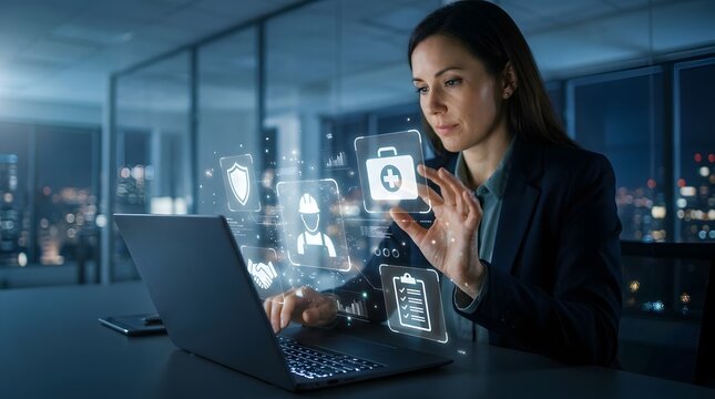 Woman interacting with holographic data security interface on laptop in modern office
