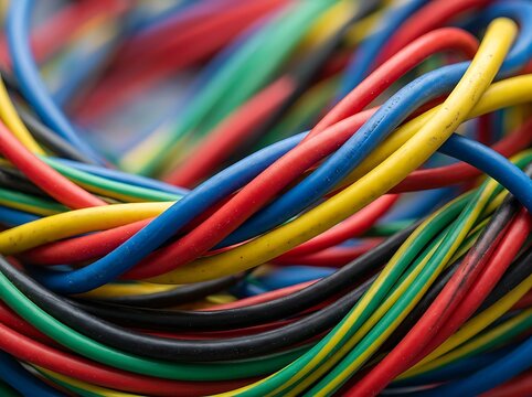 Colorful electrical cables tightly bundled together in vibrant mix
