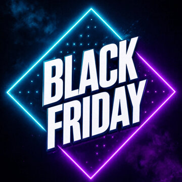 Black Friday promotional text sign with glowing neon diamond frame lighting