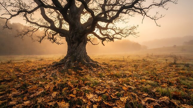Majestic ancient oak tree standing in a serene misty meadow during a beautiful golden fall season landscape