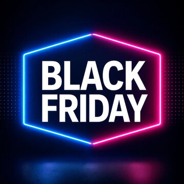 Black Friday promotional text with neon glowing hexagon frame design
