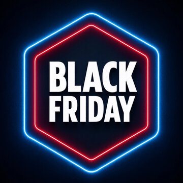 Black Friday sale promotion poster with glowing blue and red neon hexagon frame