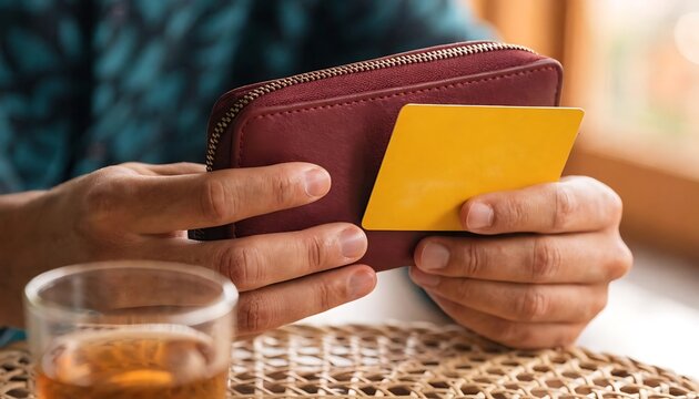 Person holding a yellow credit card and a dark red leather wallet at a table with a glass of tea