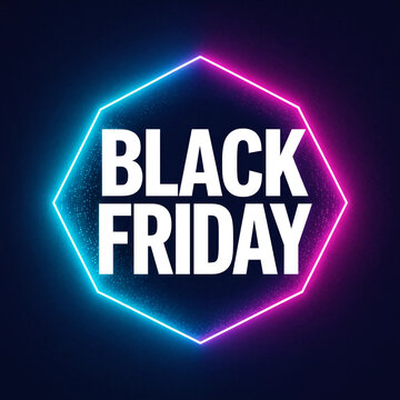 Black Friday sale promotional banner with glowing neon light hexagon frame