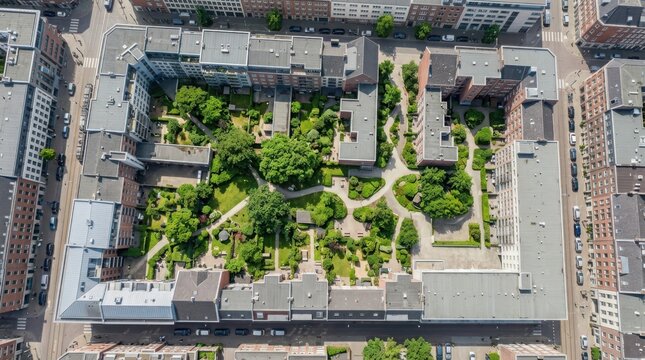 An aerial view of a modern urban complex featuring numerous green courtyards and lush gardens integrated within residential buildings.
