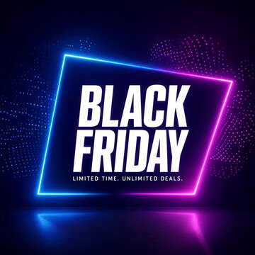 Black Friday sale promotional banner with neon glowing frame and purple blue lights