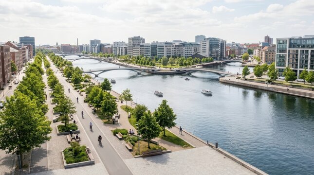 An extensive urban waterfront promenade lined with modern buildings and traversed by bridges over a wide river