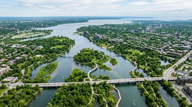 Expansive Aerial View of a River Delta Weaving Through a Lush Green City with Bridges and Waterways