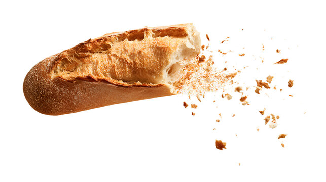 Broken piece of french baguette isolated on transparent background isolated on transparent background