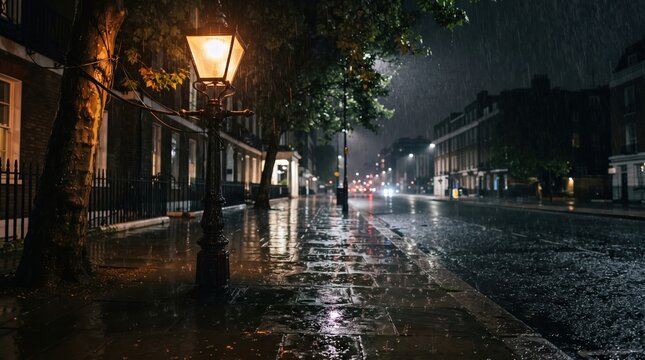 Street lamp on rainy city night