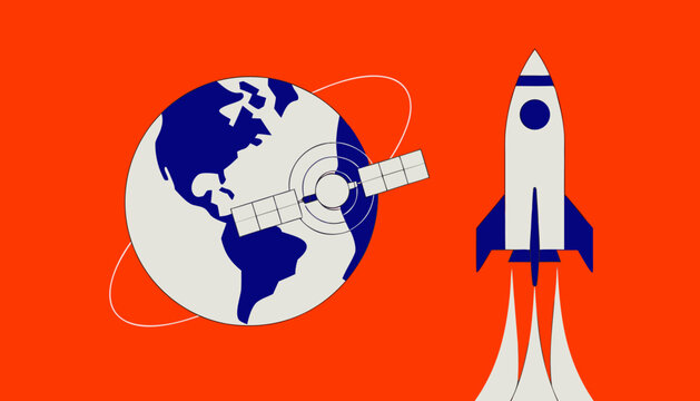 Minimalist vector illustration featuring a satellite orbiting earth and a powerful rocket launch into space