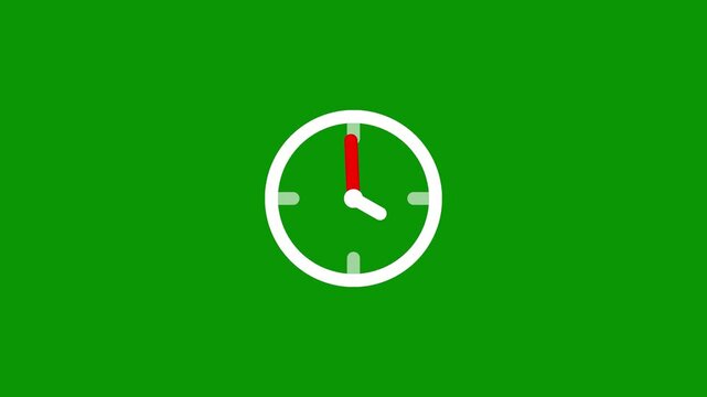 Circular analog clock dial outline with red hand indicator on chroma key green screen, minimal time countdown stopwatch graphic for deadline tracking and sports broadcast production overlay.