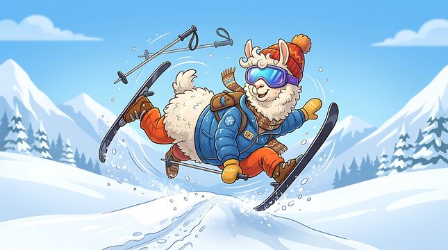Cartoon llama character jumping on skis in the winter mountains
