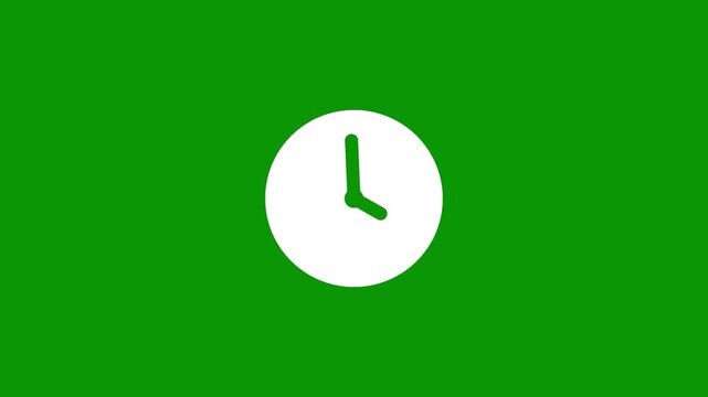 White round clock face with vibrant green clock hands isolated on green screen backdrop, clean minimalist watch icon for productivity training presentations and working time tracking videos.