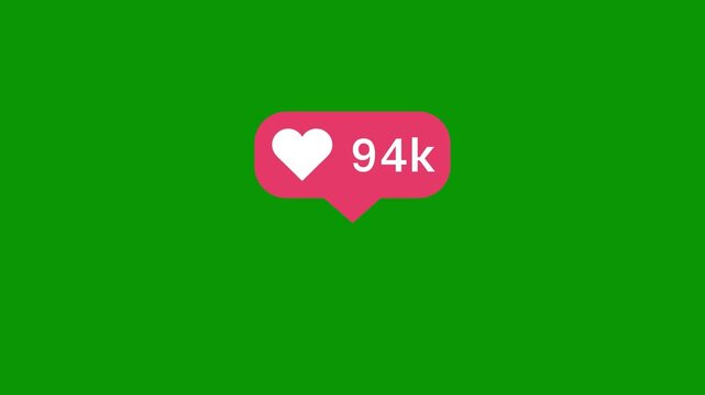 Minimal flat pink speech bubble featuring white heart icon and like counter on green screen backdrop, vibrant social media engagement reaction graphics for online content creators and blogs.