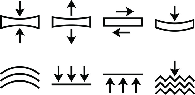 Mechanical Stress and Force Icon Set Showing Compression, Tension, Shear, Bending, and Pressure Symbols for Engineering Materials
