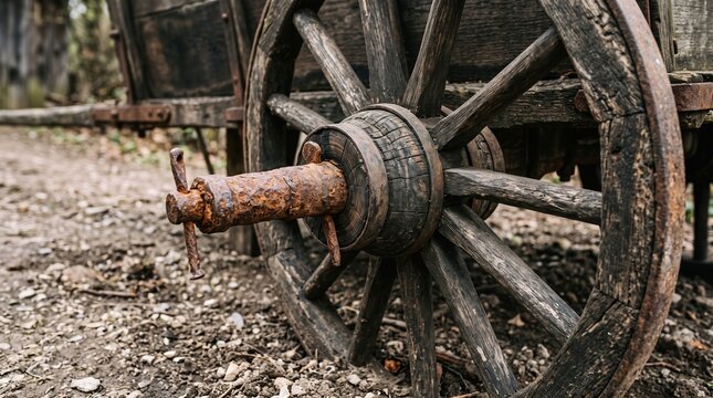 Rustic wooden wagon wheel with rusty axle