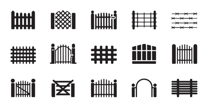 Various gate and security fence silhouettes including barbed wire and ornate metal styles.