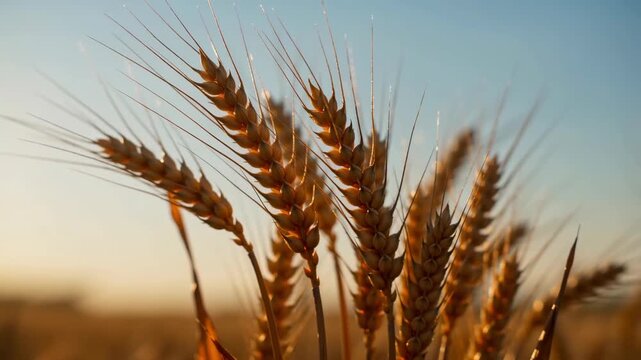 Ripe golden wheat ears swaying gently against a partly cloudy sky, harvest readiness and agricultural wealth