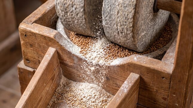 Rustic hand mill grinding fresh grain into flour