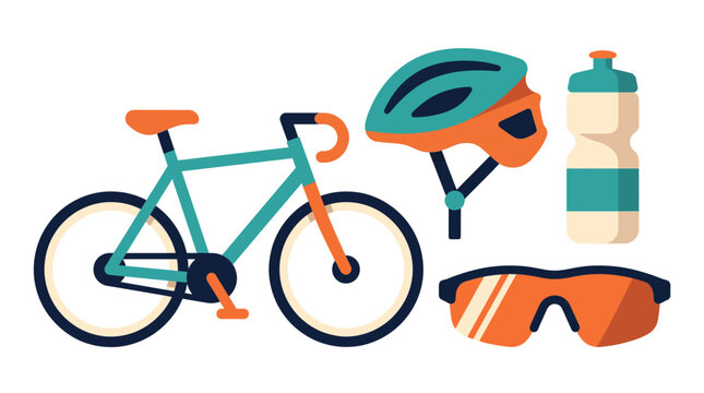 Flat vector illustration of bicycle equipment including a bike helmet water bottle and cycling glasses.