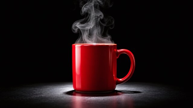 A vibrant red ceramic mug filled with a steaming hot beverage sits alone on a dark surface, glowing under a dramatic spotlight in a quiet room
