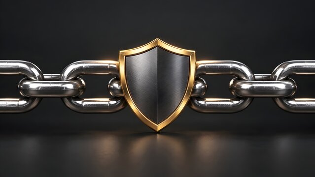 Robust cybersecurity and data defense concept featuring a heavy metallic chain integrated with a strong protective shield to symbolize unbreakable trust and network protection.