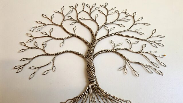 Metallic wire artistry displays a tree formation showcasing intricate craftsmanship and creative design