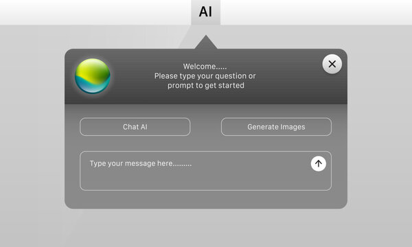 Dark mode AI prompt popup interface widget UI mockup showing chat and image generation options
