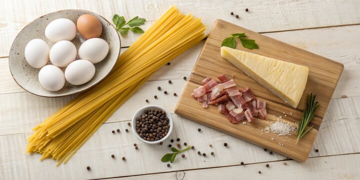 Flat lay of fresh raw ingredients for traditional spaghetti dish with eggs, cheese, and guanciale on wooden board