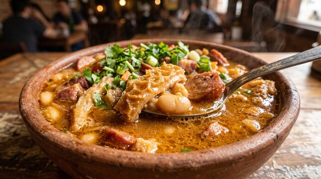 Hearty tripe stew with beans and sausage served in a rustic clay bowl with a spoon lifting a portion