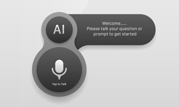 Dark mode AI voice assistant floating widget UI mockup showing tap to talk microphone and prompt text