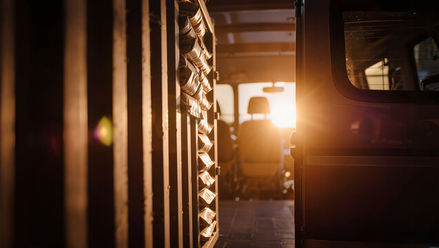 Stacked flat packed cardboard lines a rack inside a van cabin, low golden sun breaking through the gap between the open rear doors.