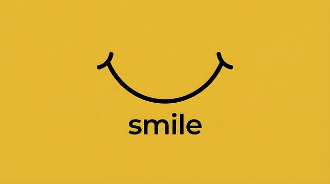 Minimalist graphic featuring a black curved line representing a smiling mouth with the word smile written below on a yellow background