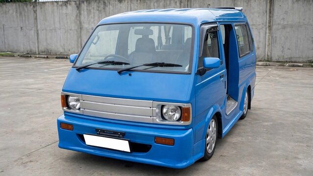 Blue modified Indonesian public minivan parked on empty lot