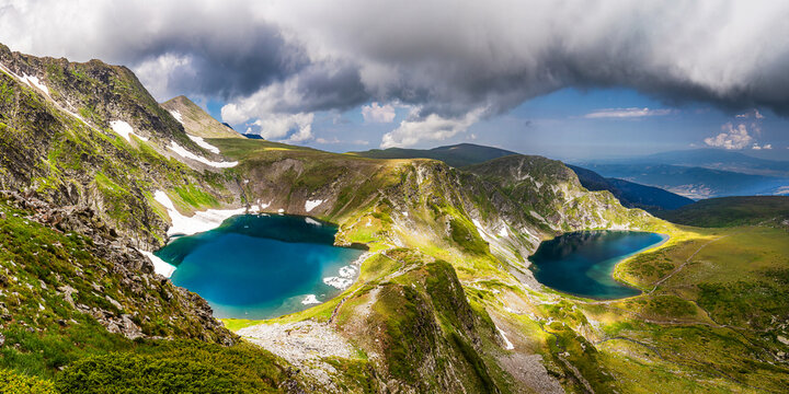Two of seven Rila Lakes, Okoto (the Eye) and Babreka (the Kidney), view from the most popular viewpoint, Ezeren peak. Rila mountains, Bulgaria.